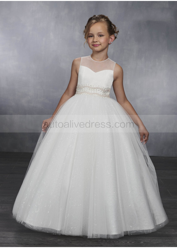 Ivory Sequined Tulle Beaded Waistline Flower Girl Dress